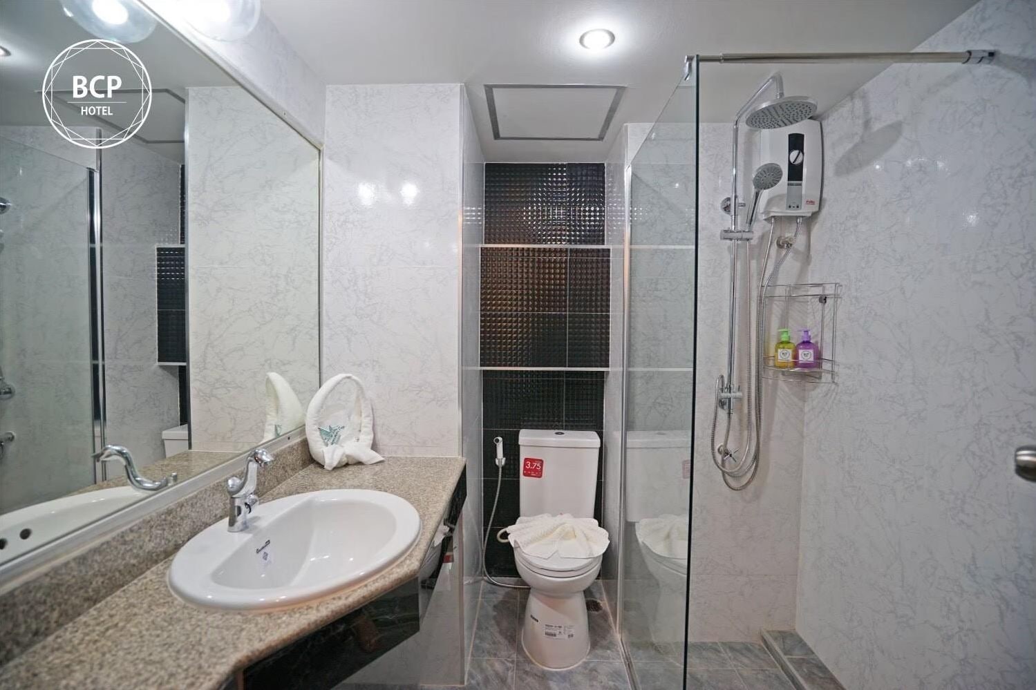 A modern bathroom with a granite countertop sink, a large mirror, a glass-enclosed shower, and a toilet with a bidet attachment.