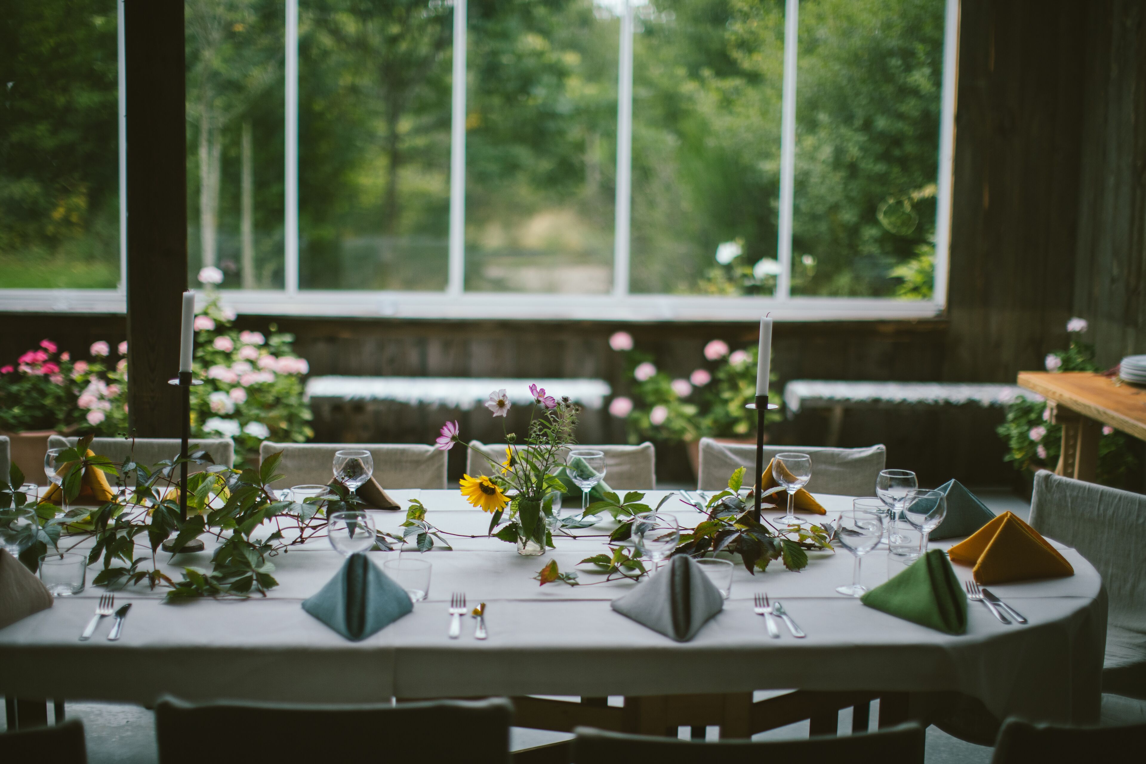 A dining table set for six with a view of greenery through large windows.