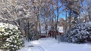 Un sendero cubierto de nieve que lleva a una casa roja rodeada de árboles.