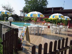 Seasonal outdoor pool, pool umbrellas, pool loungers