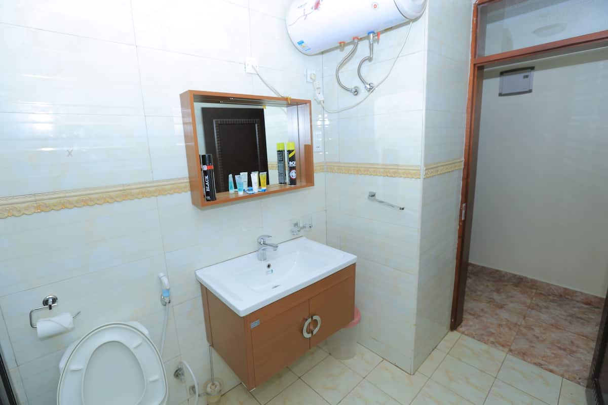 Deep-soaking bathtub, hydromassage showerhead, free toiletries, towels