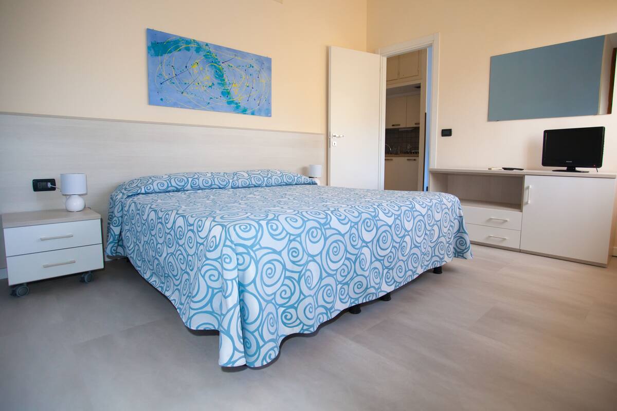 Ein Schlafzimmer mit einem Bett, einem Schreibtisch, einem Fernseher und einem Kleiderschrank.