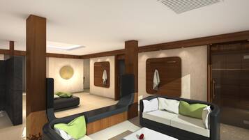 Een modern interieur met een zithoek, een ronde spiegel en een sauna zichtbaar door een glazen deur.