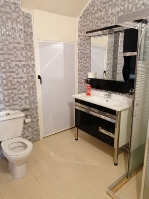 A bathroom with a toilet, a sink, a mirror, and a shower area.
