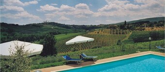 Fireplace, apartment with veranda and view of San Gimignano