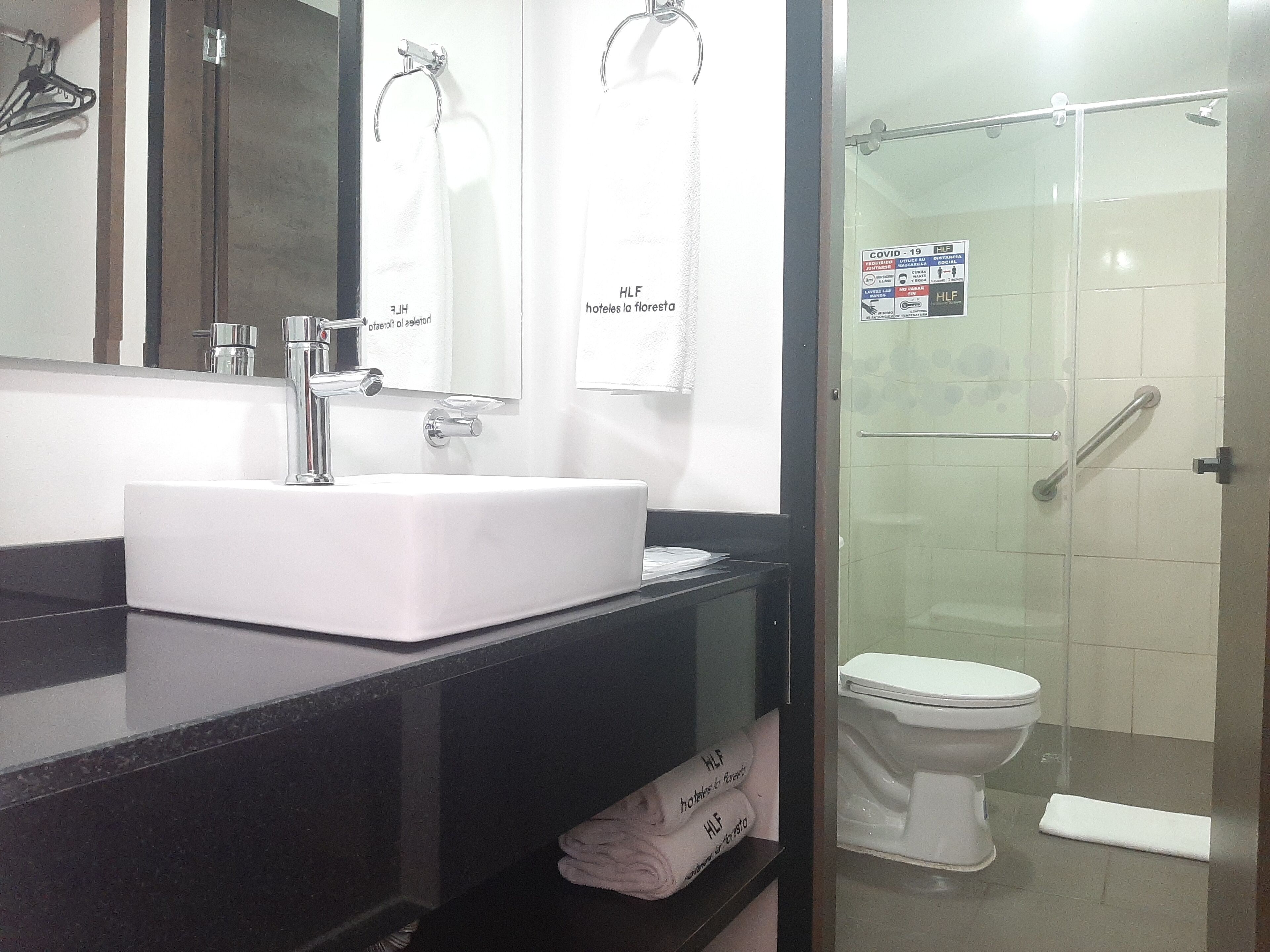 A bathroom with a white sink, mirror, and towel rack. There is a glass shower enclosure with a glass door and a toilet.