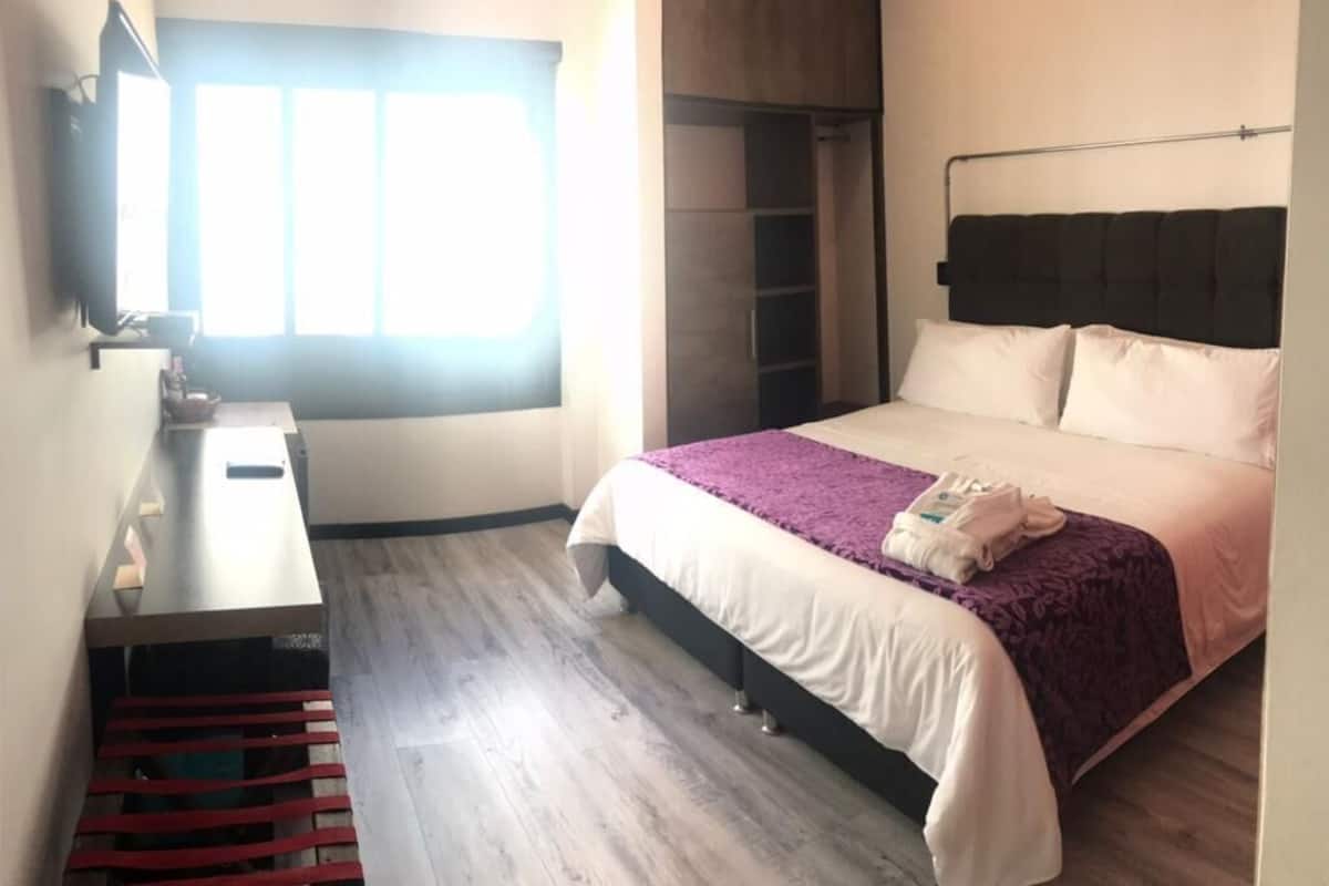 A bedroom with a bed, a TV, a wardrobe, and a window.
