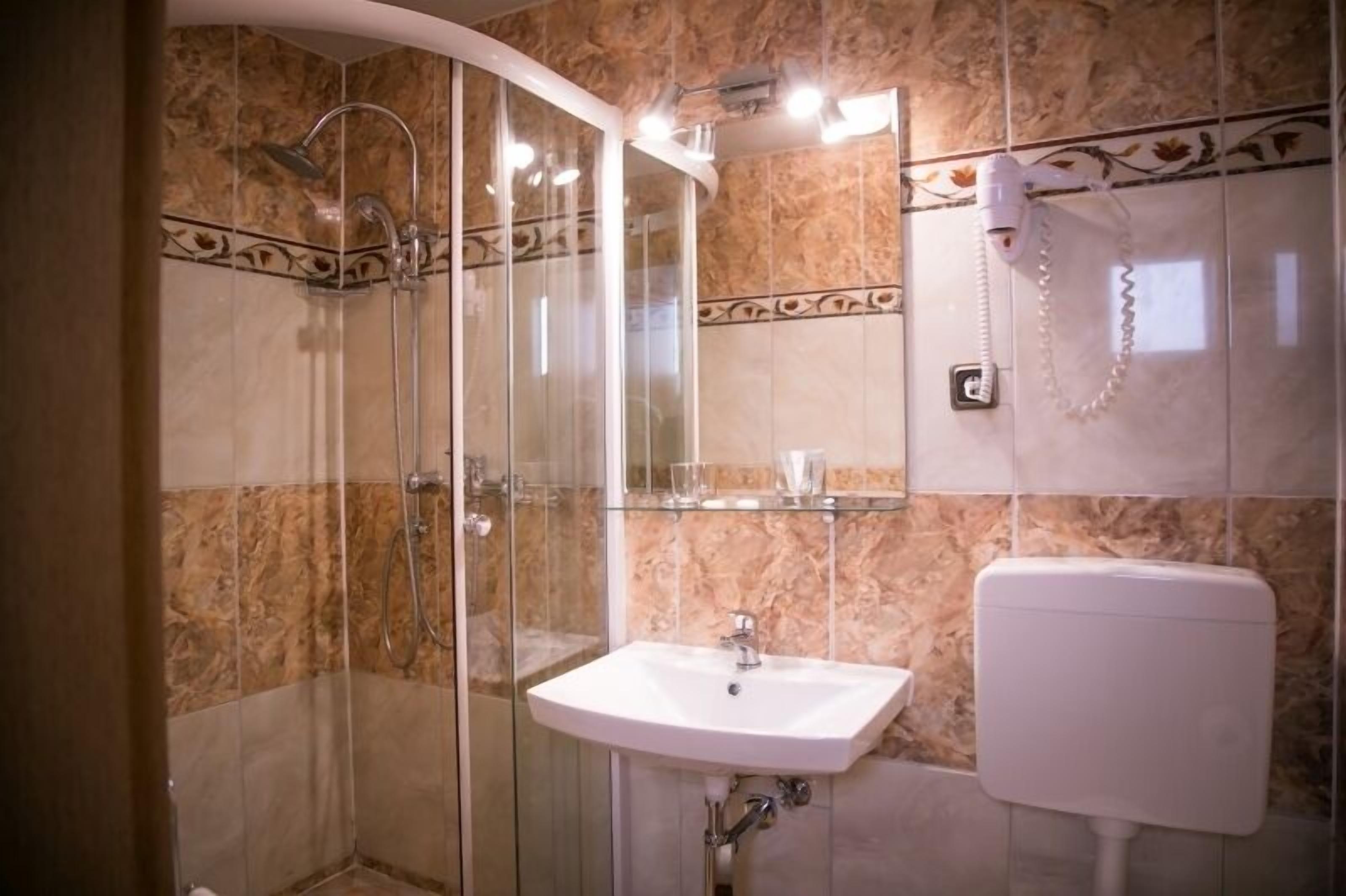 shower, slippers, towels