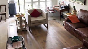 A living room with a sofa, a chair, a desk, and a dining table. There is a window with blinds, a painting on the wall, and a plant on the table. - Summer vacation in Cape Town, South Africa (Plumstead)