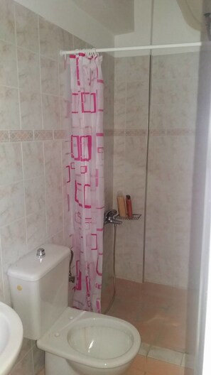 Estúdio, no piso térreo | Banheiro | Chuveiro, secador de cabelo, toalhas de banho, shampoo