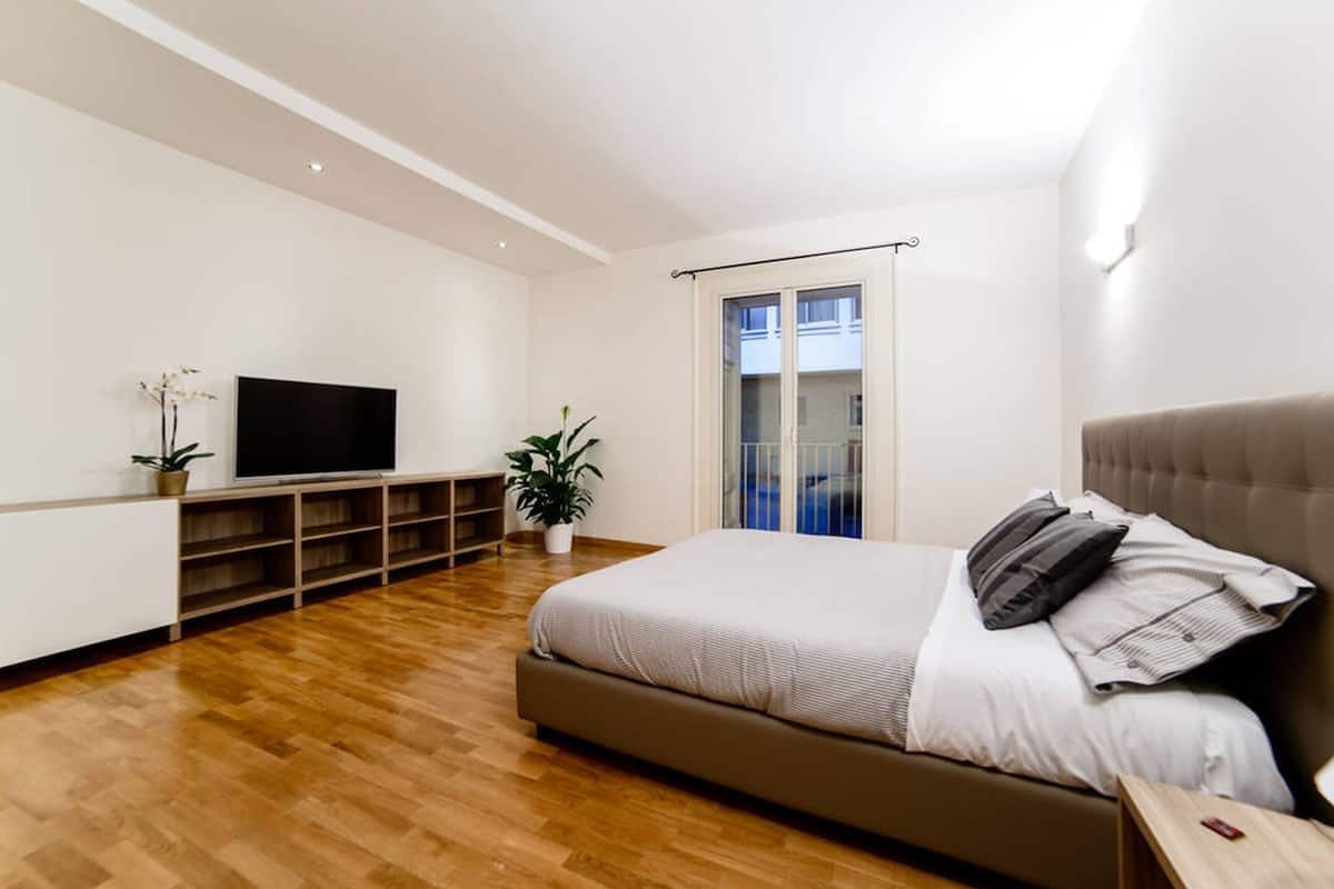Une chambre moderne avec un grand lit, un téléviseur posé sur un meuble, une porte-fenêtre coulissante et une plante en pot.