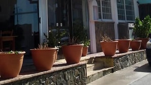 Um edifício com uma placa indicando que é um hotel e restaurante. Há plantas grandes em vasos na frente da entrada.