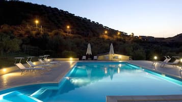 Seasonal outdoor pool, pool umbrellas, pool loungers