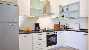 Departamento, 1 habitación | Cocina privada | Refrigerador con congelador, horno, parrilla de estufa y lavavajillas