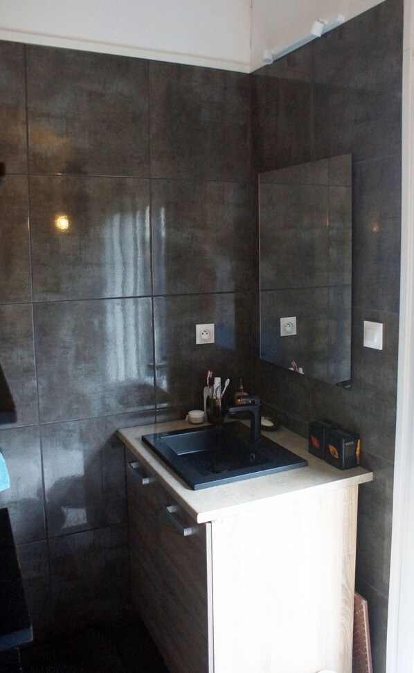 A modern bathroom with dark tiles, a black sink, and a mirror. - La Bretonnière Longère Picarde (Passel)