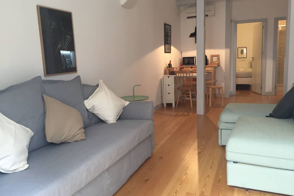 Appartement, 1 slaapkamer (2E) | Woonkamer | Een 32-inch flatscreentelevisie met kabelzenders en televisie