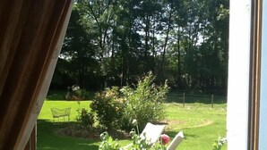 Vista a través de una ventana de un jardín con césped, una mesa pequeña y una silla.