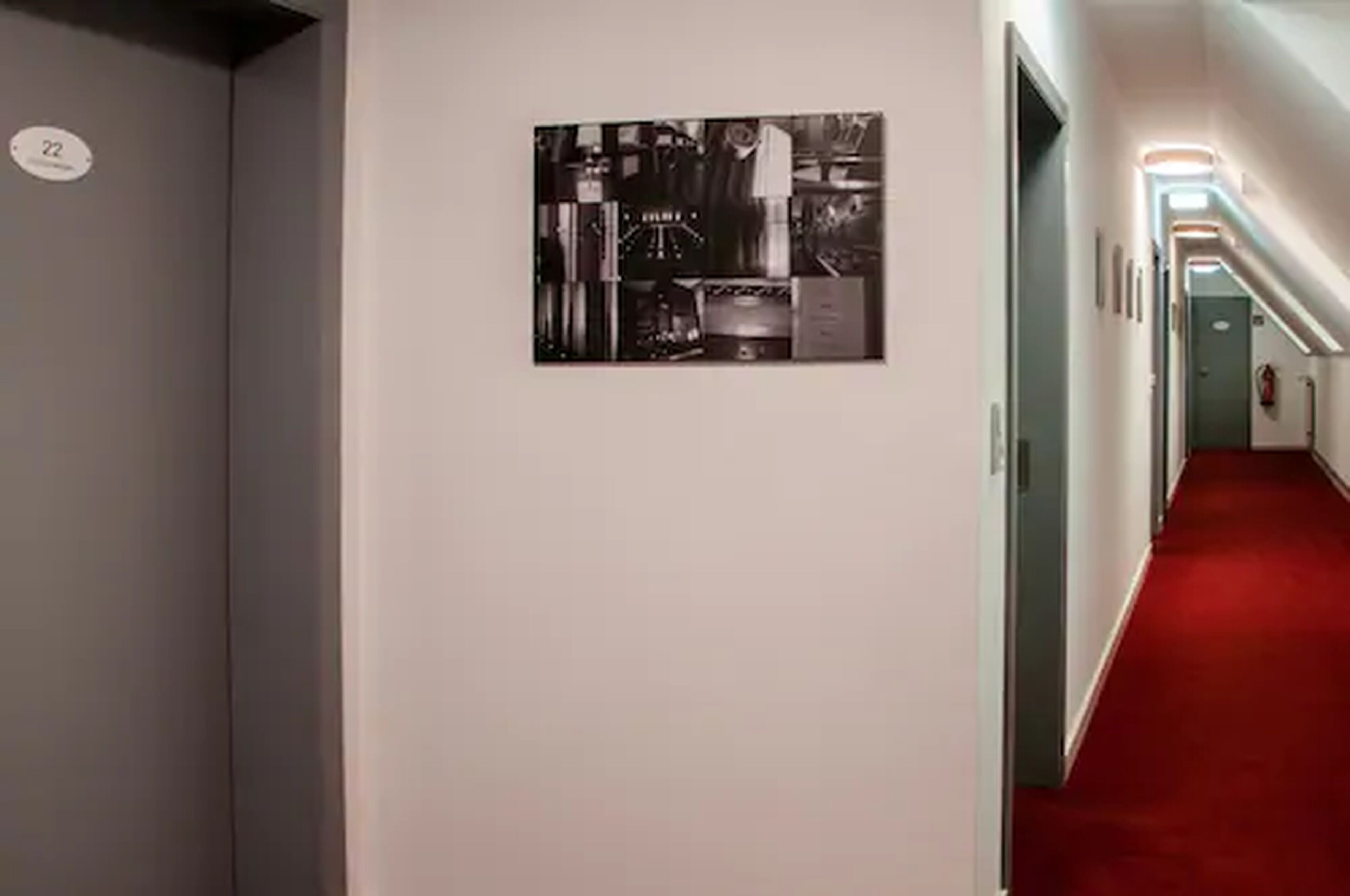 A hallway with a red carpet, a black and white artwork on the wall, and a door with the number 22.