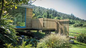 A wooden cabin with a glass door, surrounded by lush greenery and a hill in the background.