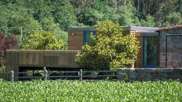 Un chalet rustique, avec une façade en bois et des fondations en pierre, entouré d’une végétation luxuriante et d’arbres.