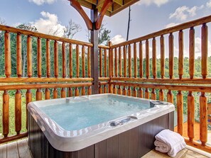Outdoor spa tub - Mountain views, 5BR, foosball, hot tub, arcade game, log cabin in Gatlinburg! (GATLINBURG)