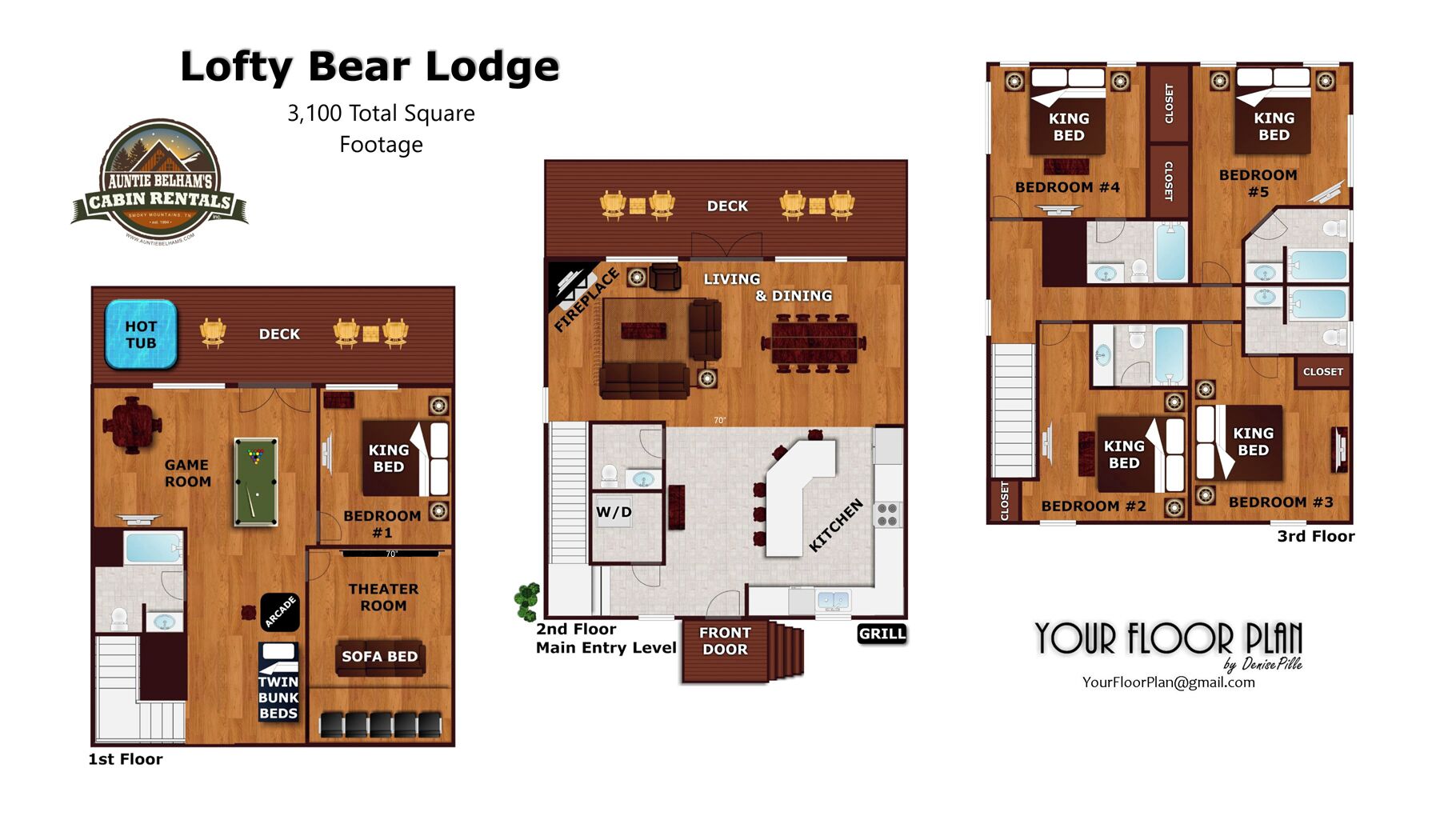 A 3,100 square foot loft with a game room, king beds, a theater room, and a deck.