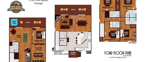 A 3,100 square foot loft with a game room, king beds, a theater room, and a deck.