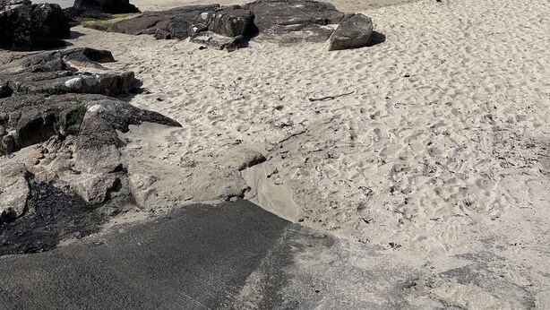 Una playa con afloramientos rocosos, orilla arenosa y cielo despejado.