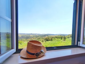 A straw hat and sunglasses on a windowsill with a view of a green landscape.