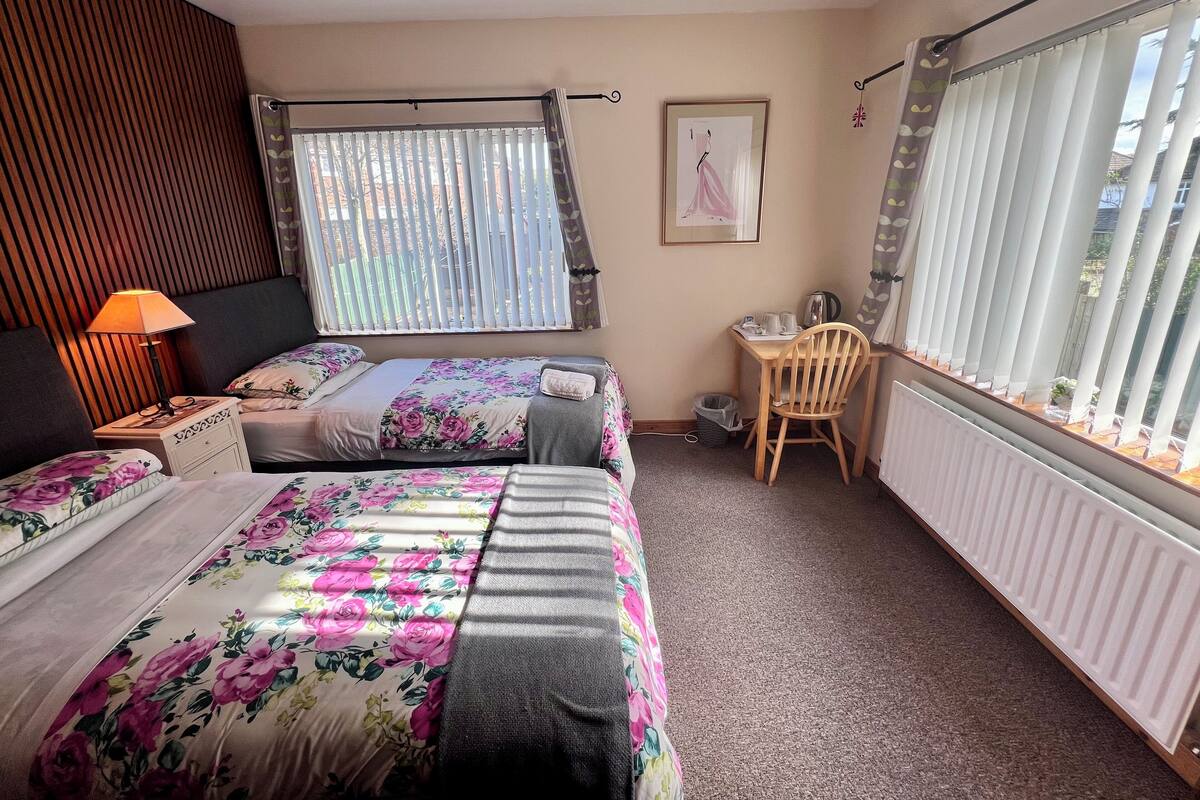 A bedroom with two beds, a desk, a chair, a lamp, and a radiator.
