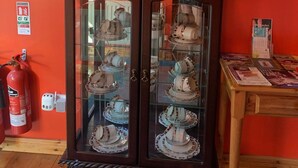 A display cabinet with glass doors containing porcelain tea sets, a small sign on top, and a potted orchid. - Ashfield Bed and Breakfast (Belfast)