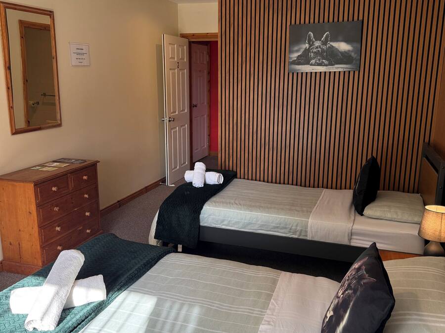 Habitación de hotel con dos camas, un aparador de madera, un espejo y un cuadro en la pared.