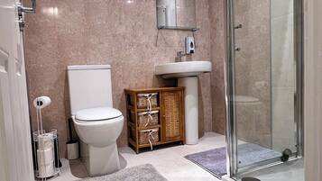 A modern bathroom with a toilet, sink, and glass shower enclosure.