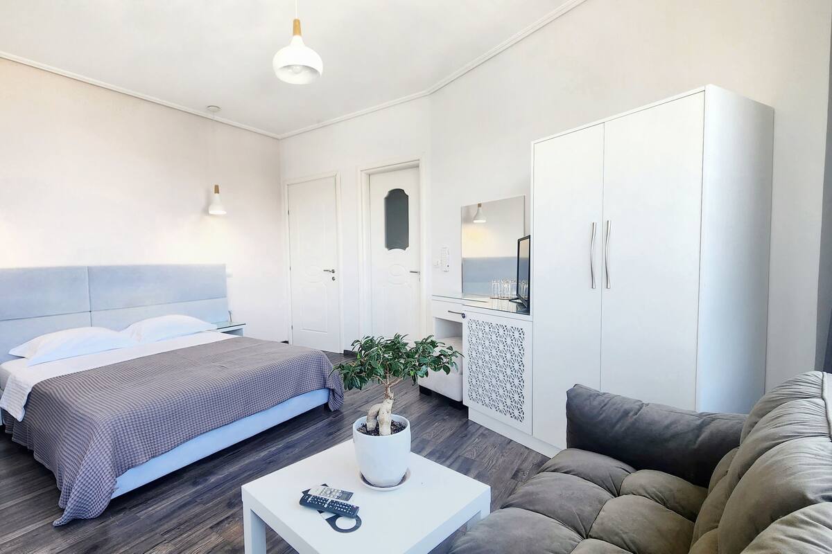 Una habitación de hotel moderna con una cama, mesita de noche, planta en maceta, sofá y una pequeña mesa con un control remoto.