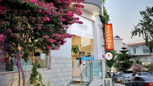 A building with a sign for 'Exchang' and 'MoneyGram' services, a staircase leading to the entrance, and a pink flowering tree in front. - Hotel JoAn (Sarandë)