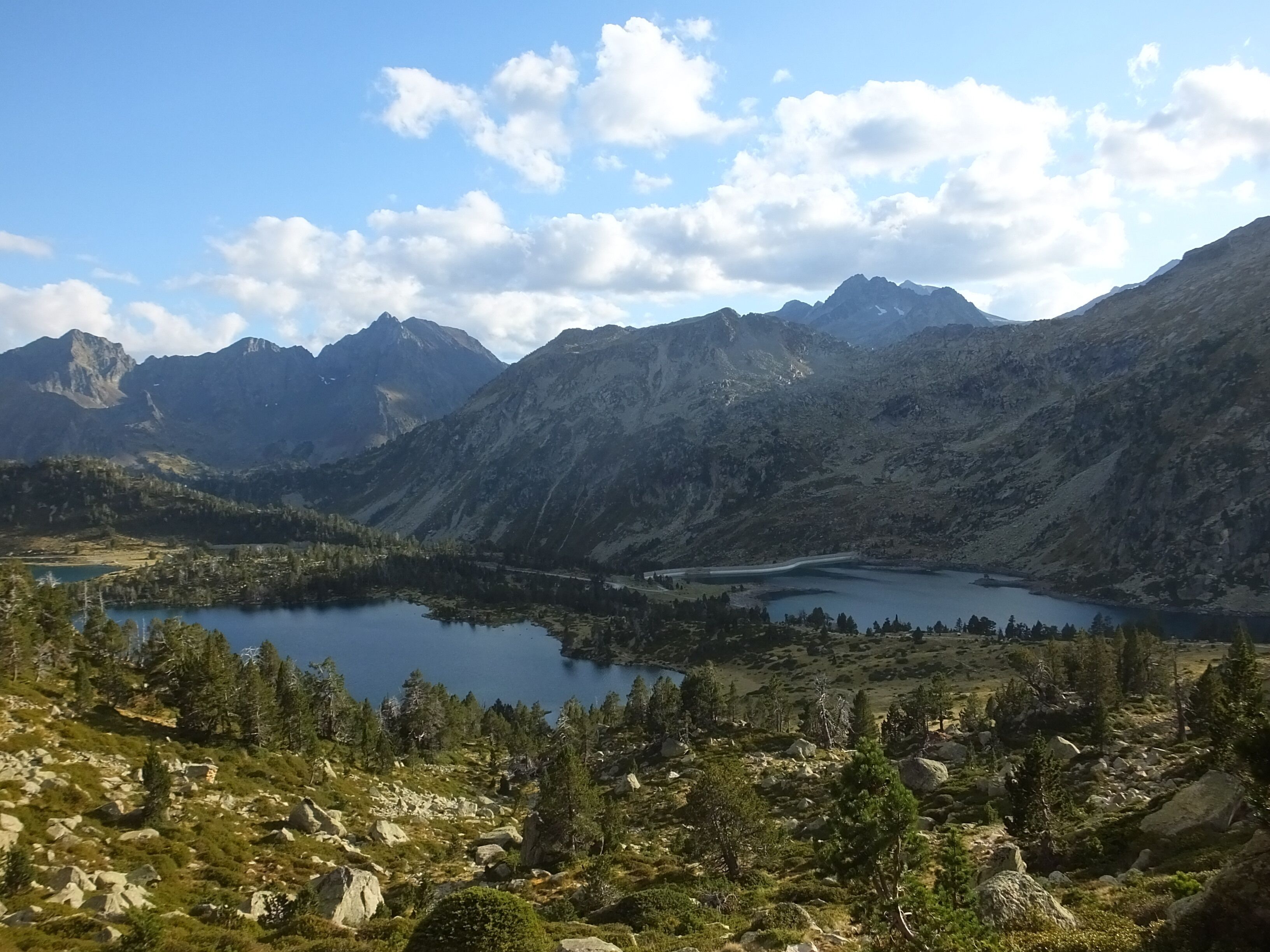 A mountainous landscape with a lake and forested area.