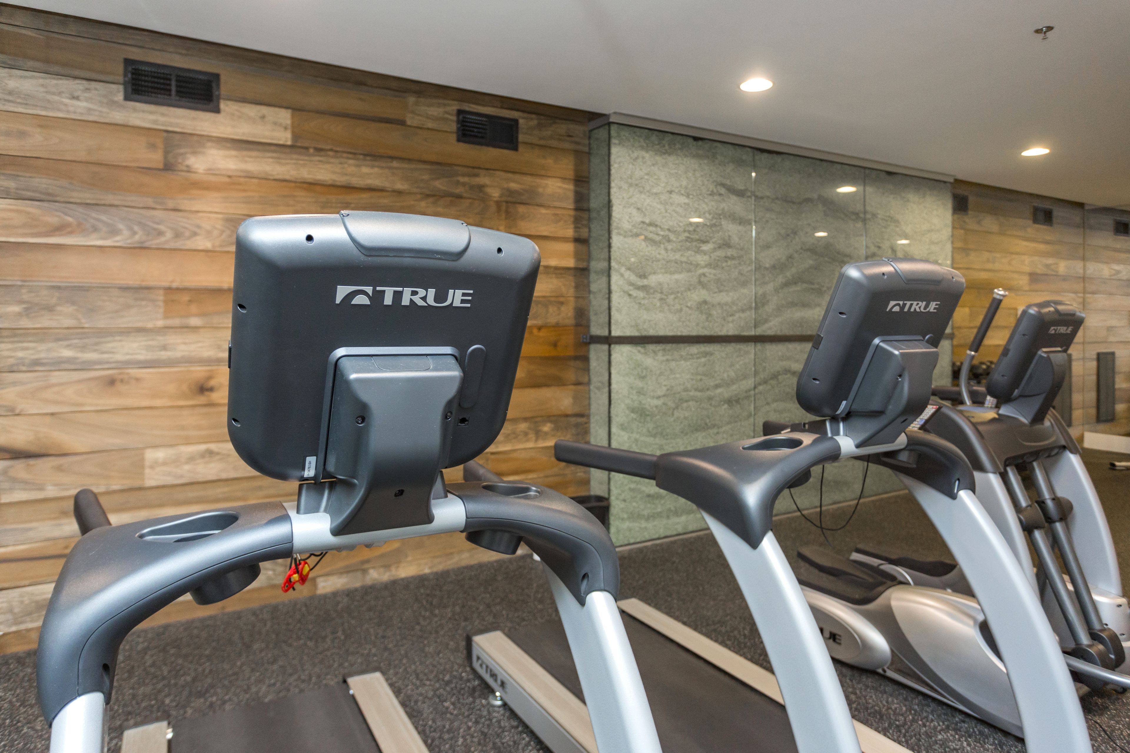 A row of exercise machines with the brand name "TRU" visible on the back of the machines.
