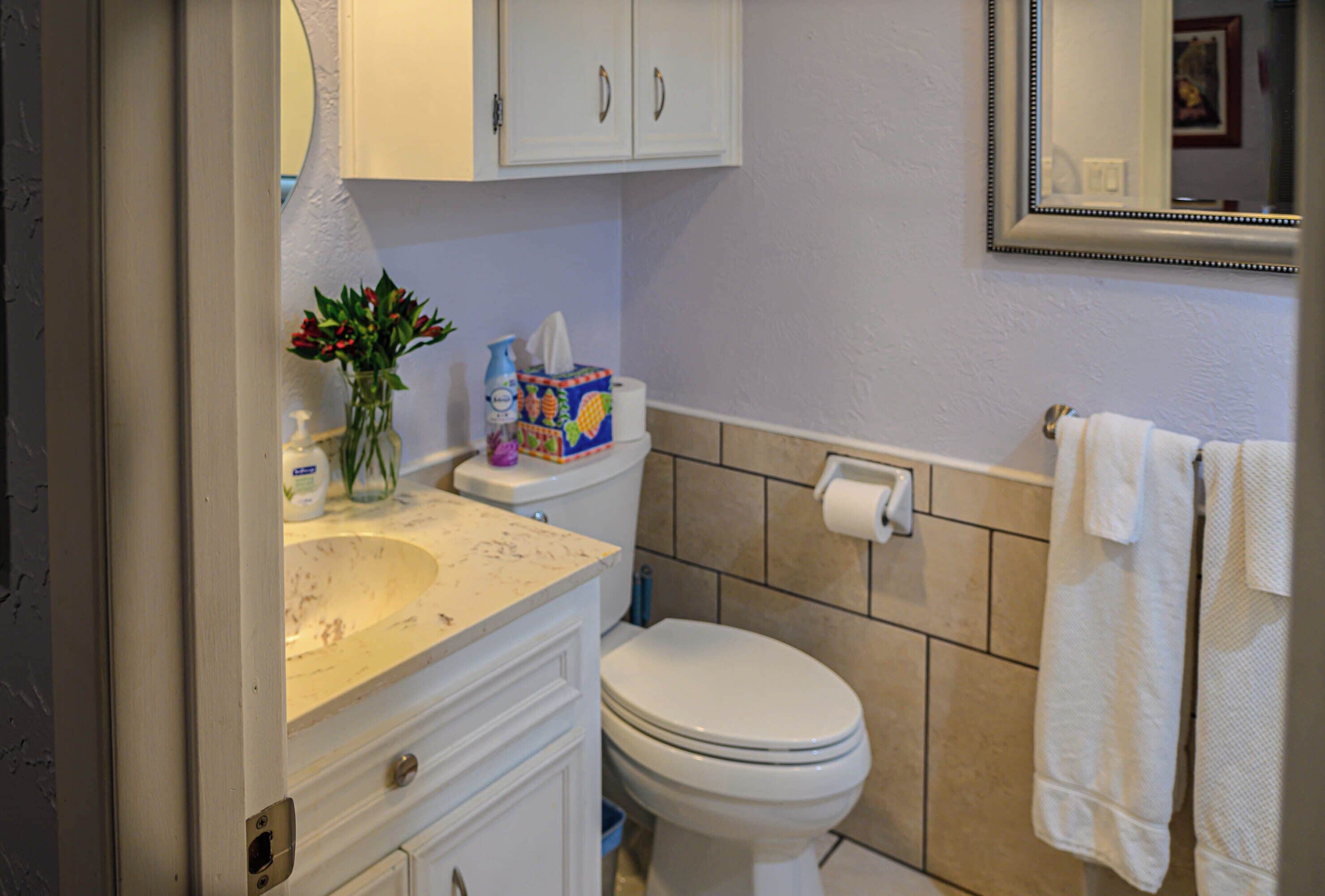 A bathroom with a toilet, sink, cabinet, and towel rack.