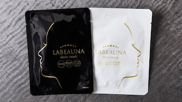 A black and white sheet mask package with the brand name 'LABEAUNA' and the text 'sheet mask'.
