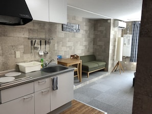 Apartment 203 | Private kitchenette | Fridge, microwave, stovetop, electric kettle