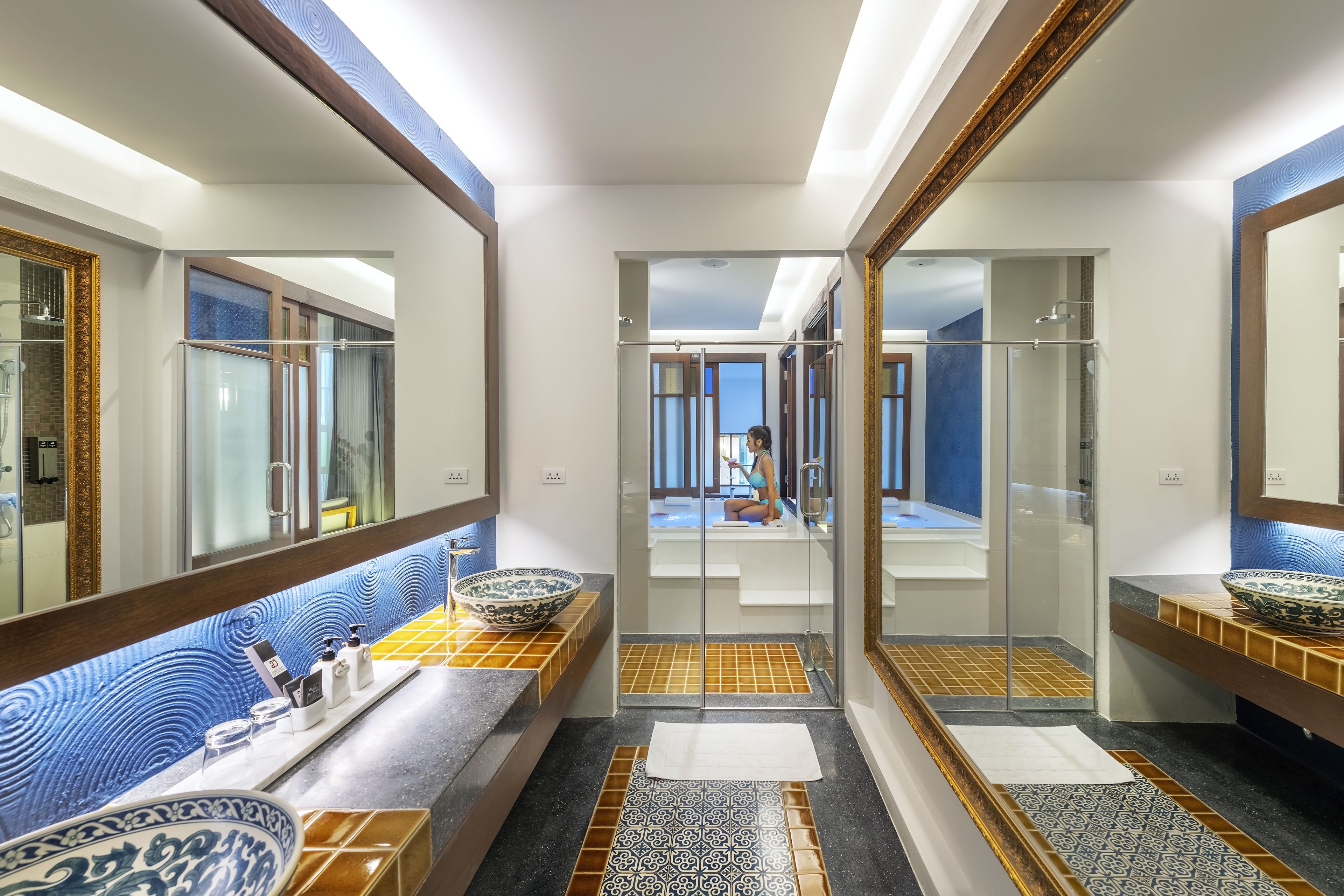 jacuzzi pool access | bathroom | free toiletries, hair dryer, slippers, towels