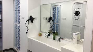 Shower, hair dryer, bidet, towels
