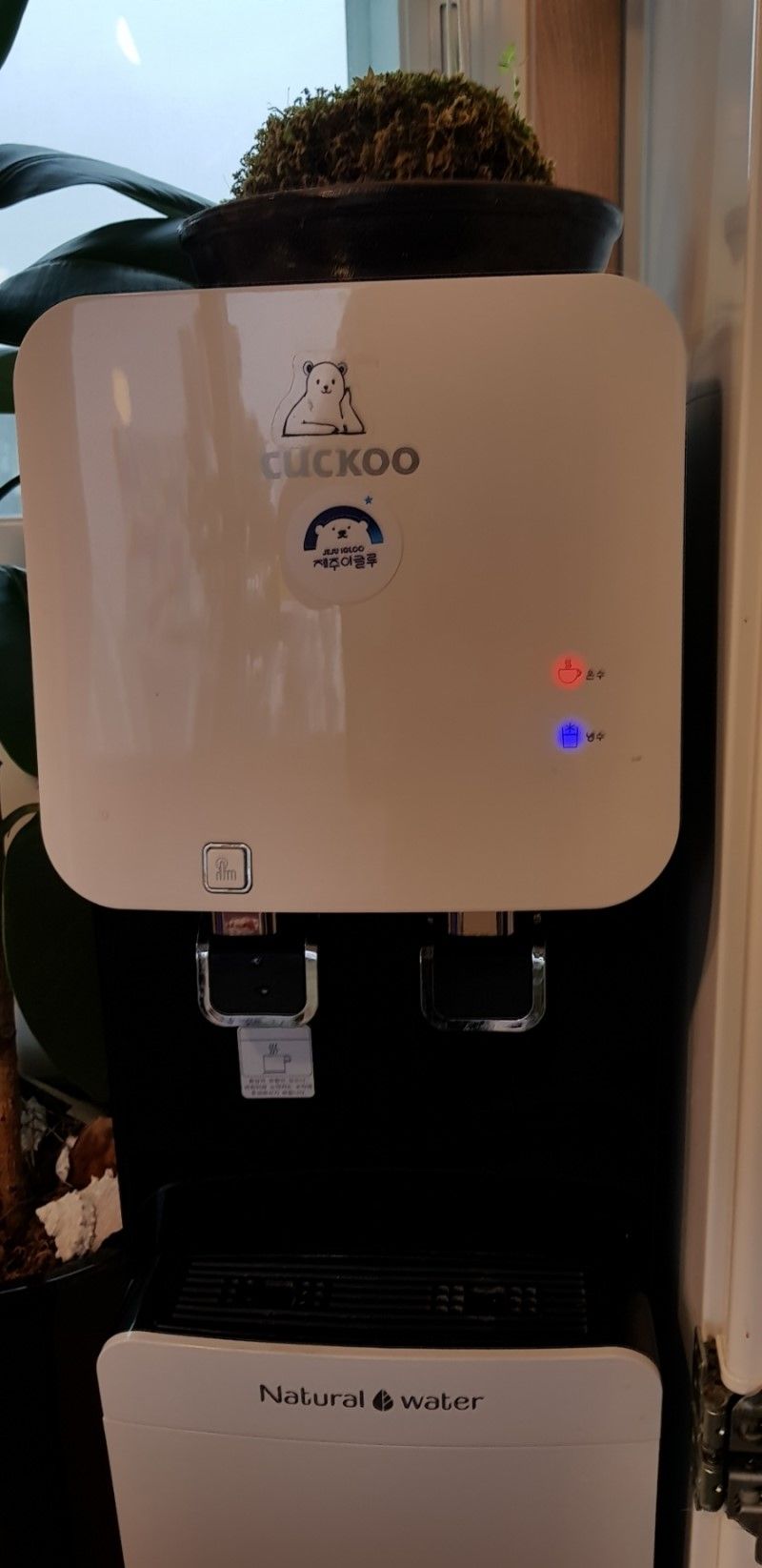 Dispensador de agua con logotipo de un oso y etiqueta que indica agua natural.