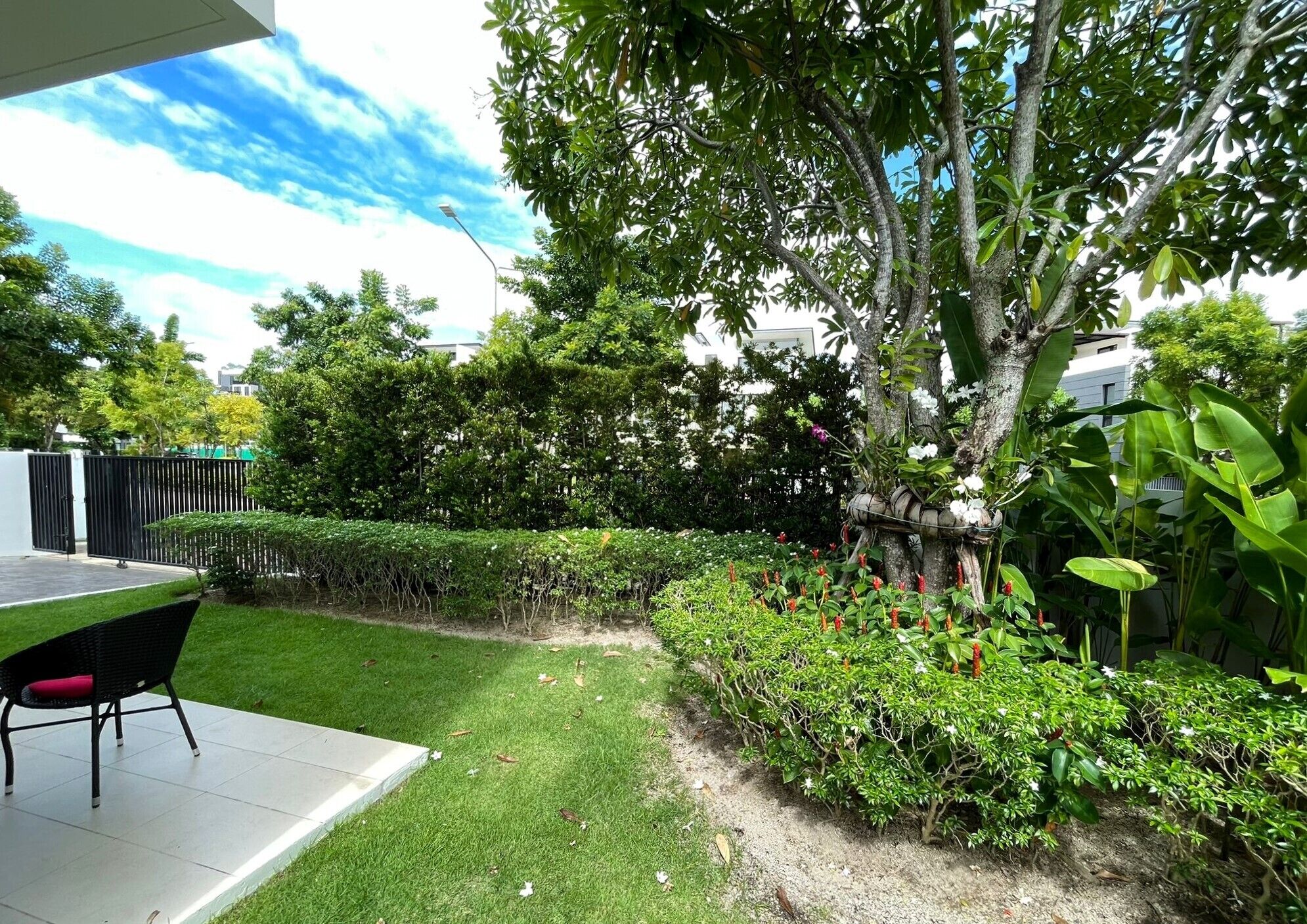 A well-maintained garden with a variety of plants and a patio area with a table and chairs.
