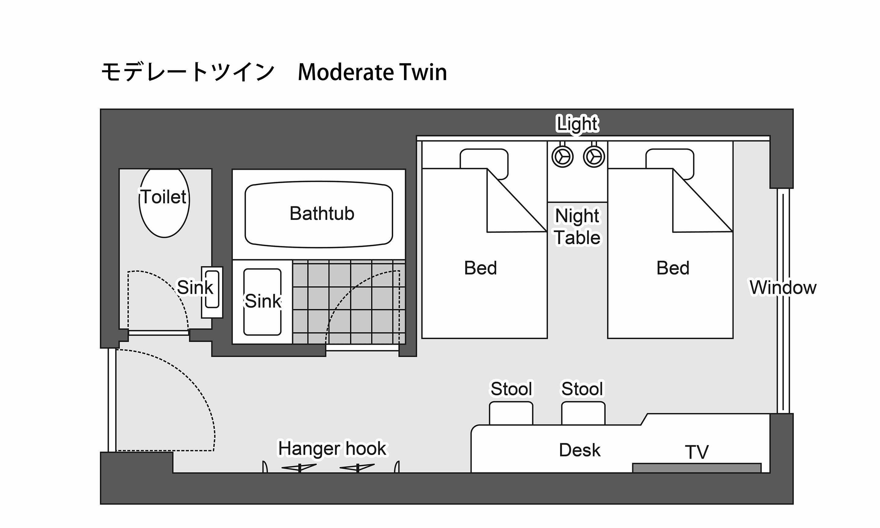 Plano de habitación doble estándar con baño, dos camas, escritorio, televisor y un perchero.