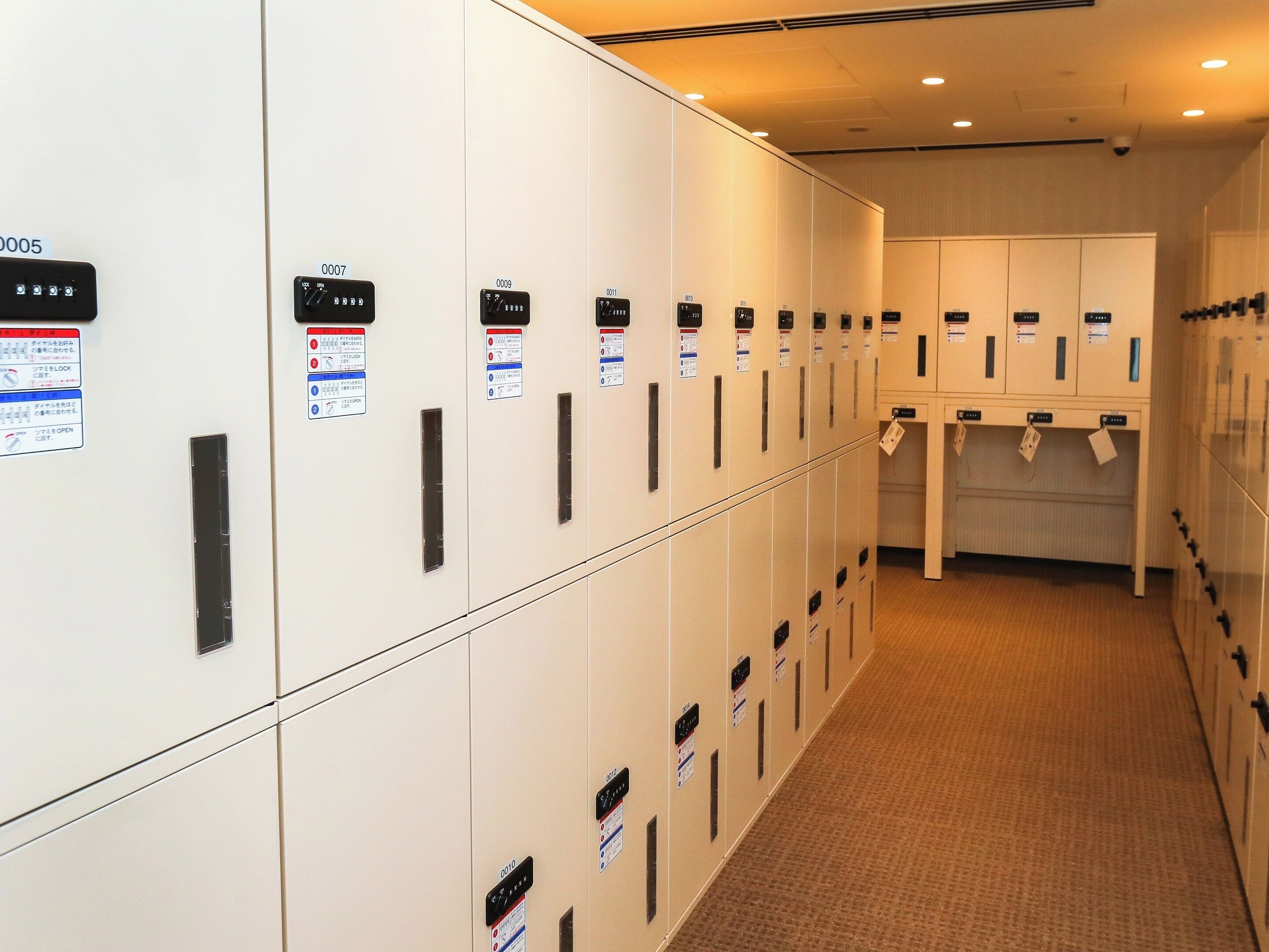 A row of lockers with numbered tags, a carpeted floor, and a plain wall.