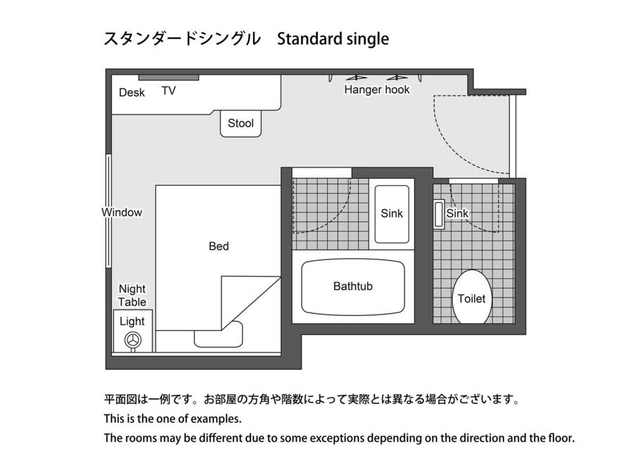 A floor plan of a standard single room with a desk, TV, stool, window, bed, night table, light, bathroom, sink, bathtub, and toilet.