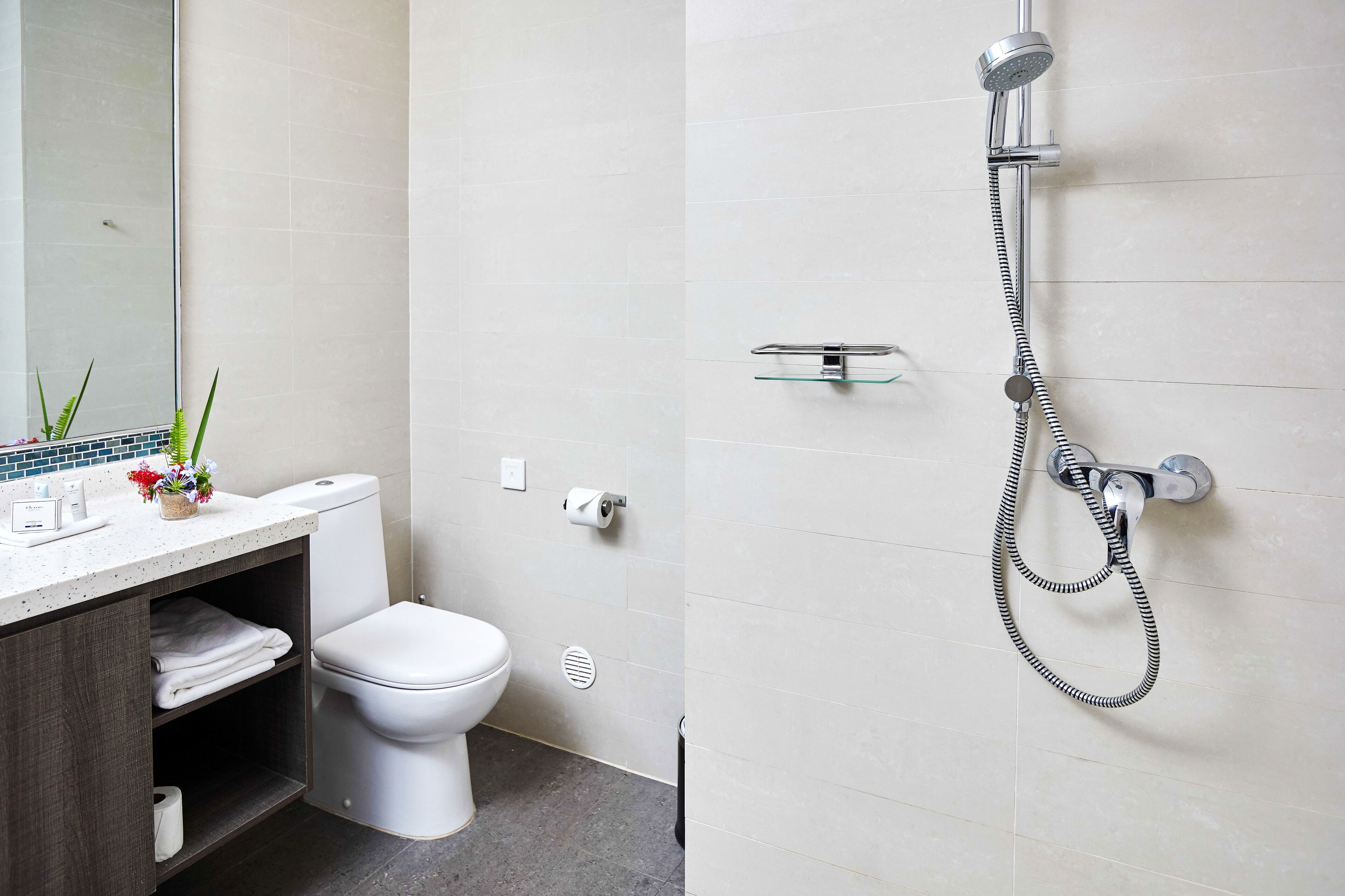 A modern bathroom with a toilet, a shower, and a sink with a mirror.