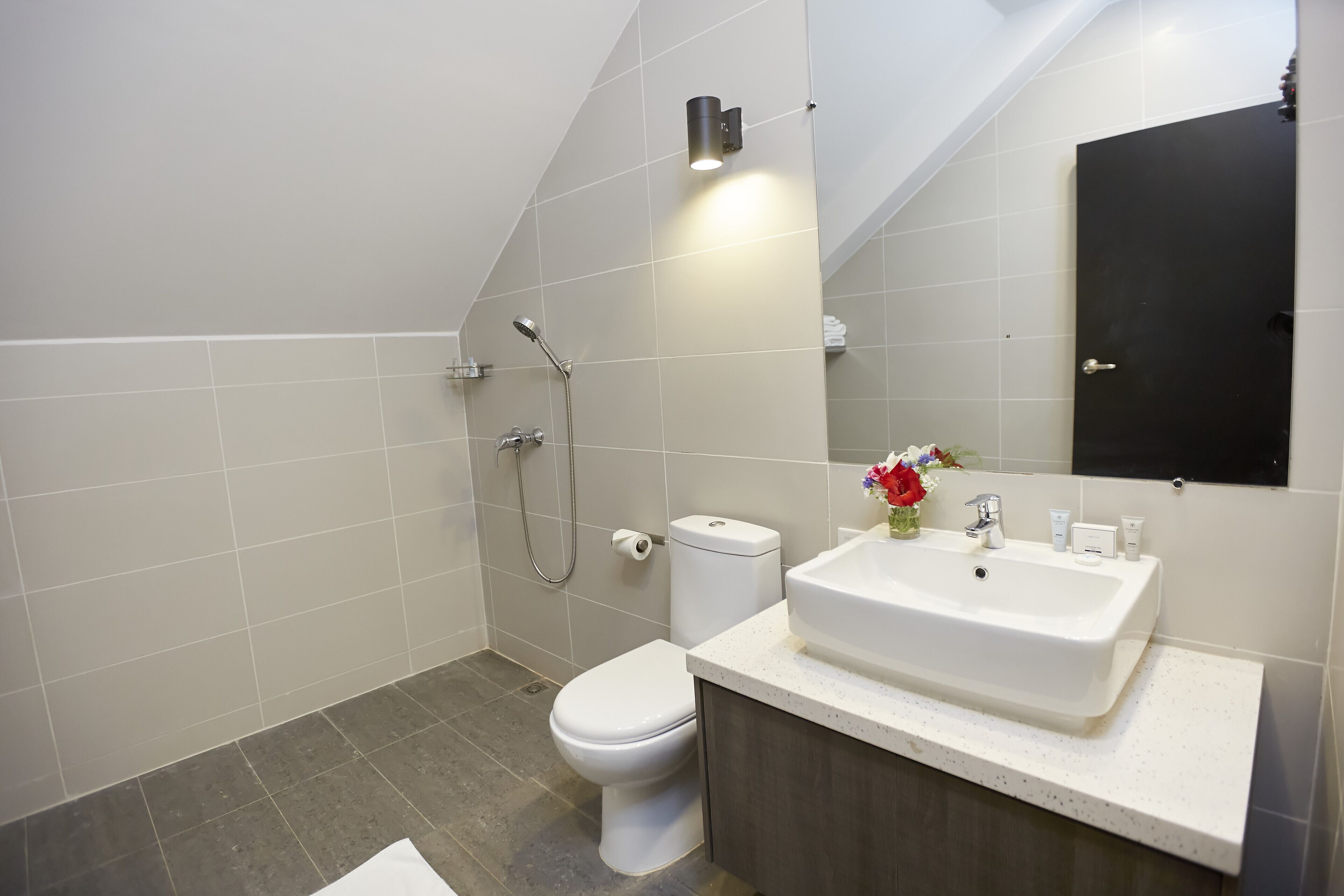 Une salle de bain moderne équipée de toilettes, d’une douche et d’un lavabo.