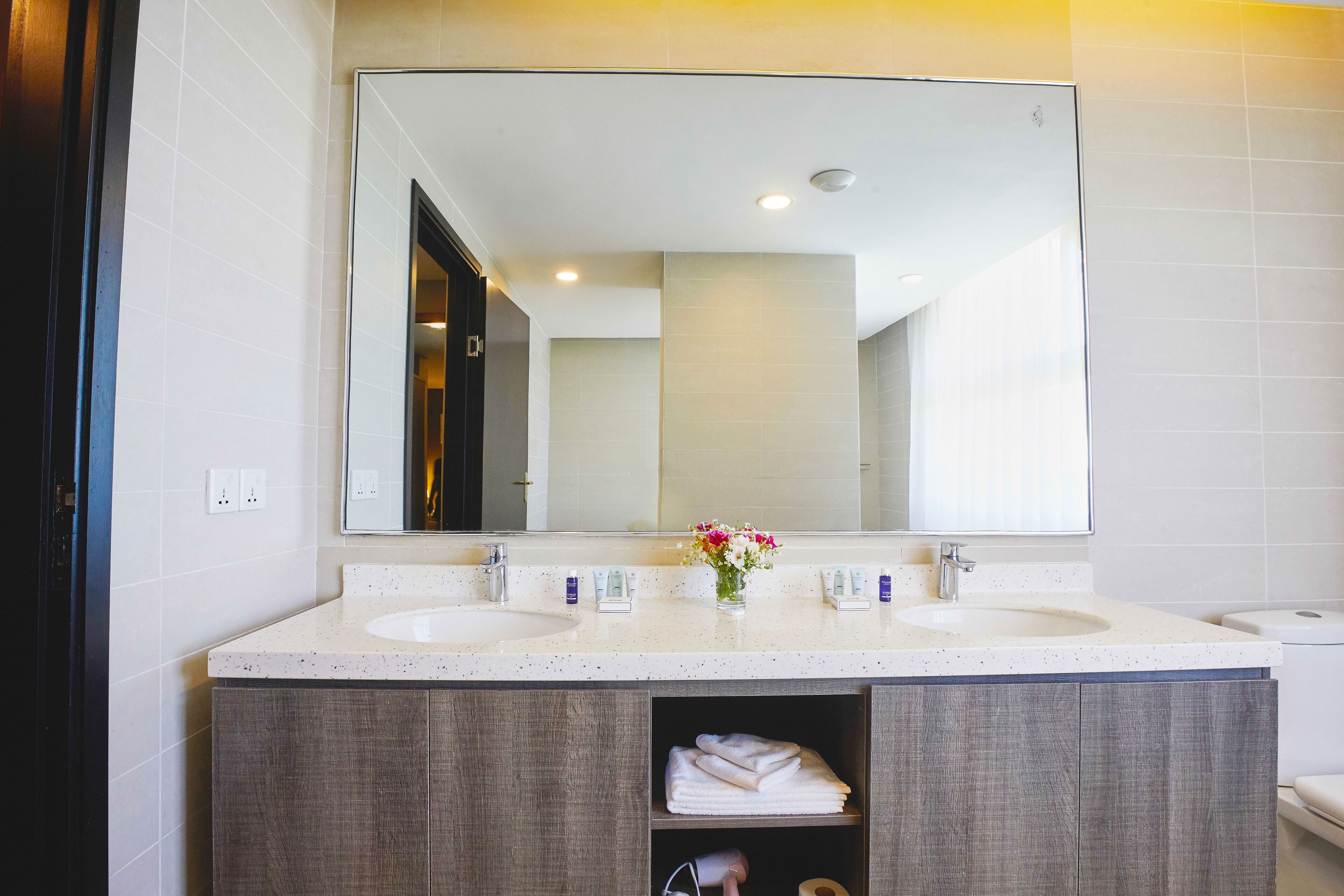 bathroom | hair dryer, towels, soap, shampoo